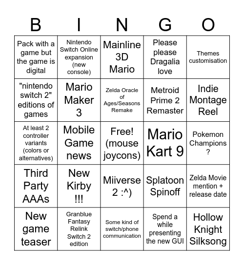 Nintendo Direct Switch 2 reveaaaal Bingo Card
