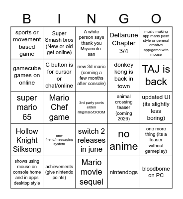 Nintendo Direct Bingo Card