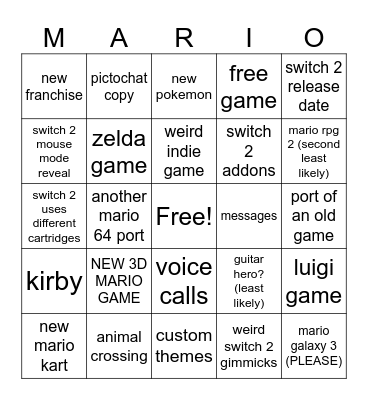 NINTENDO DIRECT Bingo Card