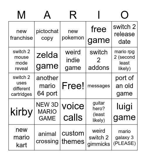 NINTENDO DIRECT Bingo Card