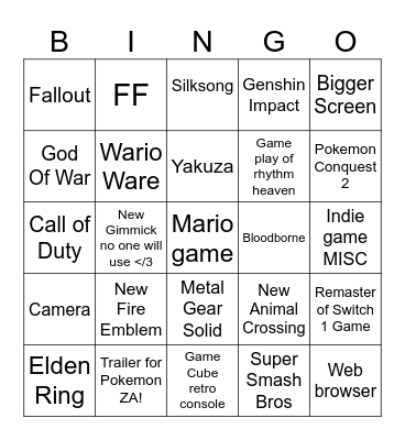 Nintendo Switch 2 Reveal Bingo Card