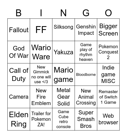 Nintendo Switch 2 Reveal Bingo Card