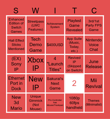 Switch 2 Night Bingo Card