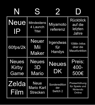 NINTENDO SWITCH 2 DIRECT Bingo Card
