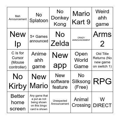 Switch 2 Direct Predictions Bingo Card