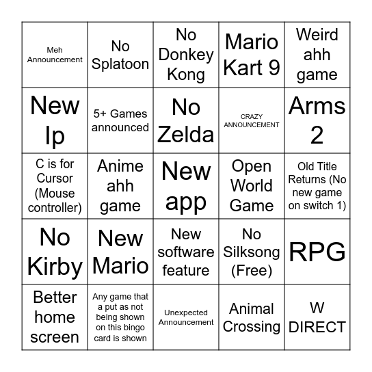 Switch 2 Direct Predictions Bingo Card