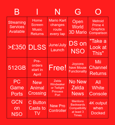Nintendo Switch 2 Direct Bingo Card
