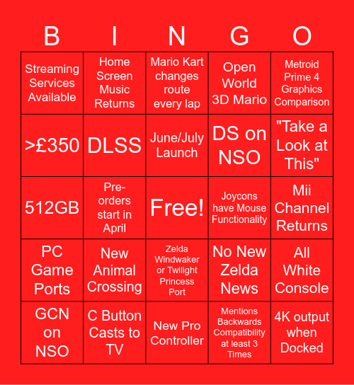 Nintendo Switch 2 Direct Bingo Card