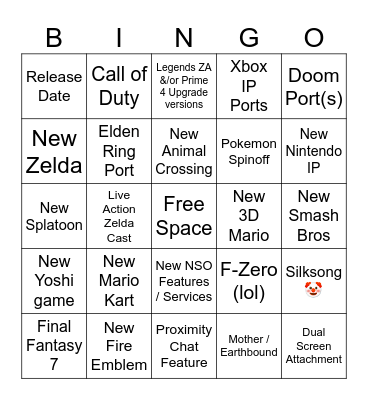 Nintendo Switch 2 Reveal Direct Bingo 2025 Bingo Card