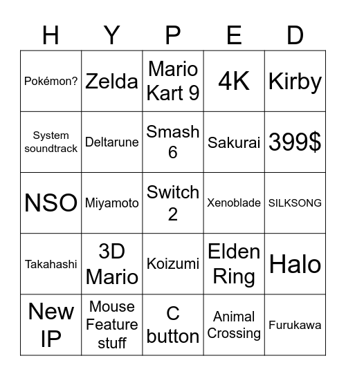 Nintendo Switch 2 Bingo Card