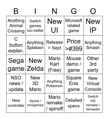 Johnny's Switch 2 Direct Bingo Card