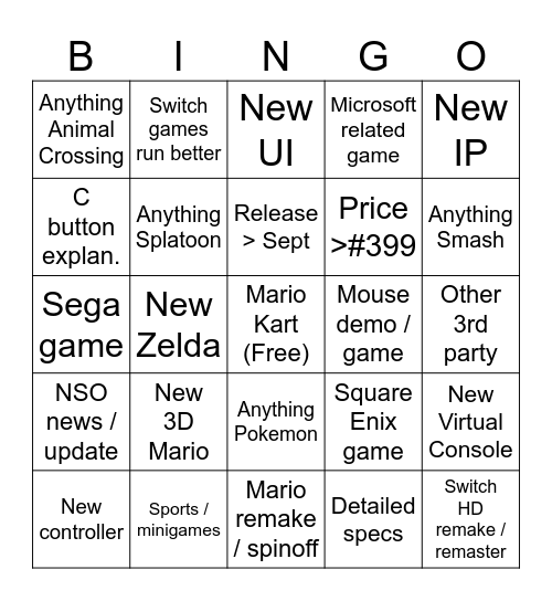 Johnny's Switch 2 Direct Bingo Card