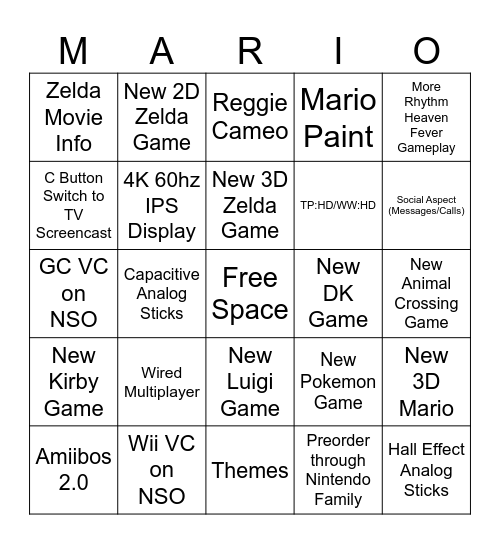 Switch 2 Dream Bingo Card