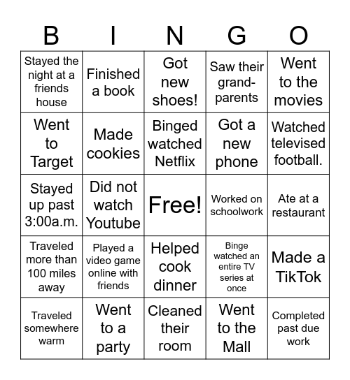 Welcome Back from Winter Break Bingo Card