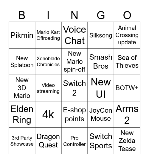 Switch 2 Direct Bingo Card
