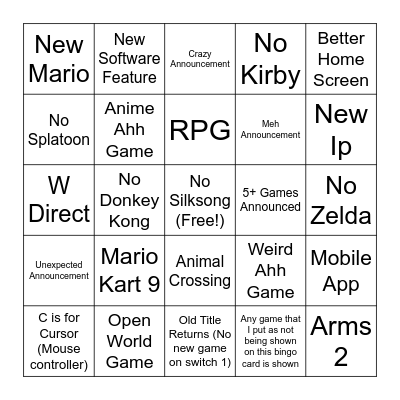 Nintendo Switch 2 Predictions Bingo Card