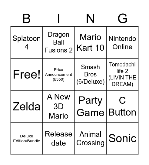 Tekka's Nintendo Switch 2 Direct Predictions Bingo Card