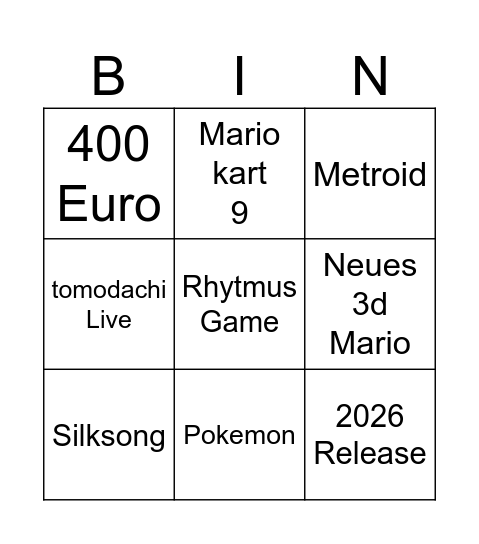 Nintendo Direct Bingo Card