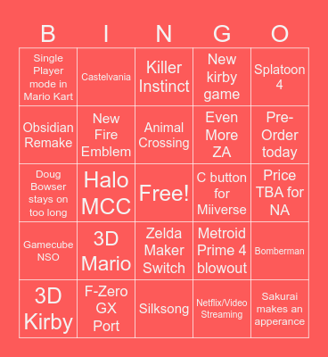 Nintendo Direct Bingo Card