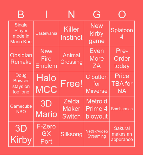 Nintendo Direct Bingo Card