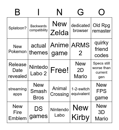 Switch 2 Bingo Card