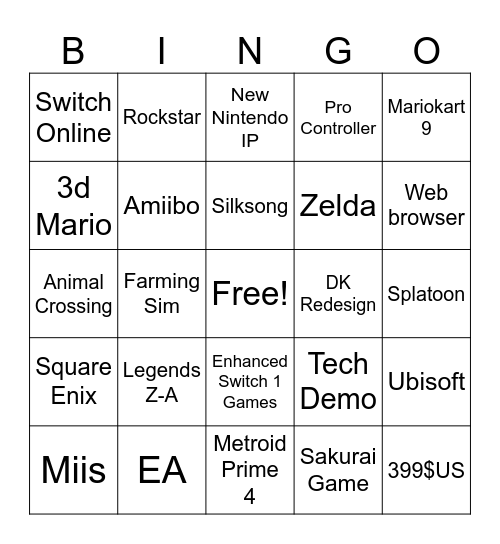 Switch 2 Bingo Card