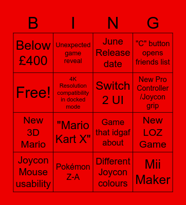 Switch 2 Direct Bingo Card