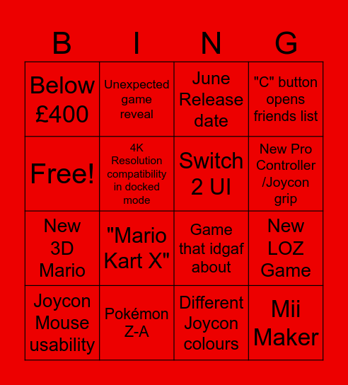 Switch 2 Direct Bingo Card