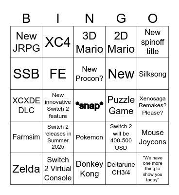 Switch 2 Direct Bingo Card