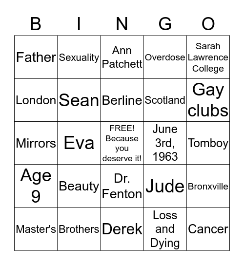 Autobiography of a Face Bingo Card