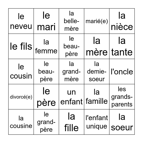 La Famille Bingo Card