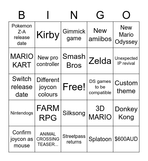 NINTENDO DIRECT BINGO Card