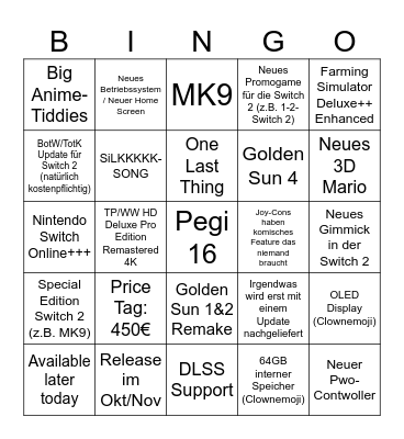 Nintendo Switch 2 Bingo Card