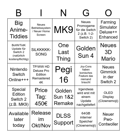 Nintendo Switch 2 Bingo Card