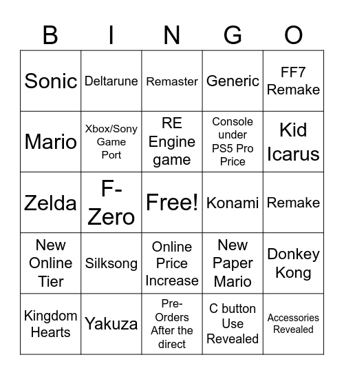 Star's Switch 2 Direct Bingo Card