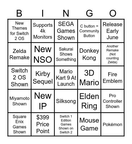 Nintendo Switch 2 Direct - Bingo Card Bingo Card