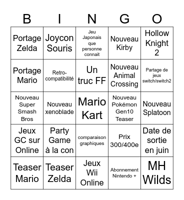 Switch 2 - Nintendo Direct Bingo Card