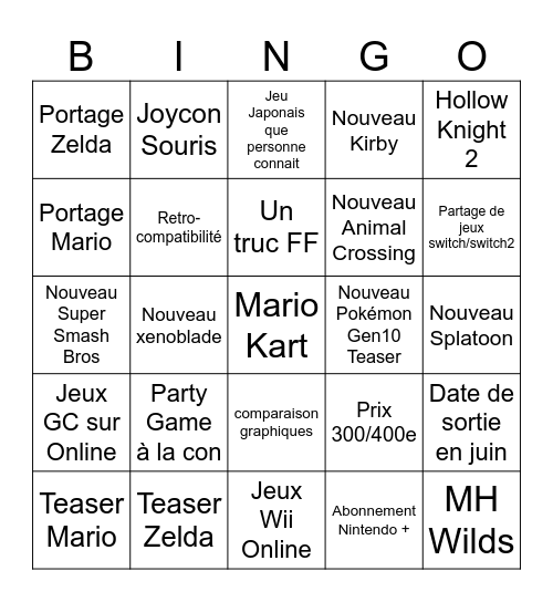 Switch 2 - Nintendo Direct Bingo Card