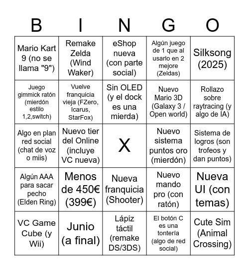 BINGO SWITCH 2 Bingo Card