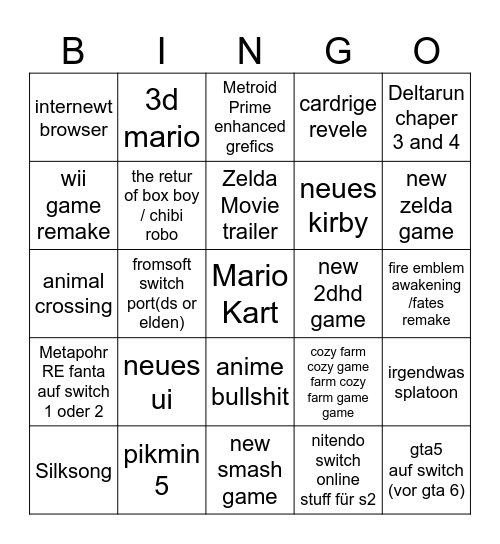 nitendo switch 2 Bingo Card