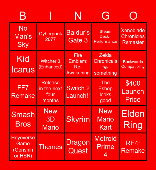 Switch 2 Bingo Card