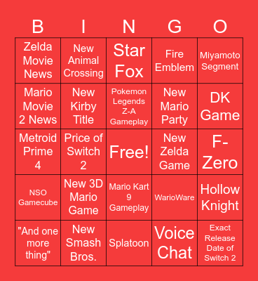Nintendo Switch 2 Direct 4/2/2025 Bingo Card