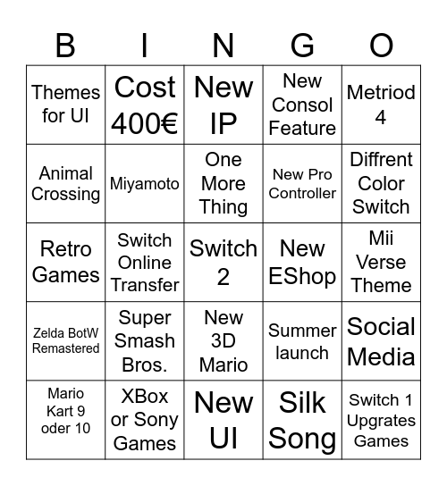 Nintendo Bingo Card