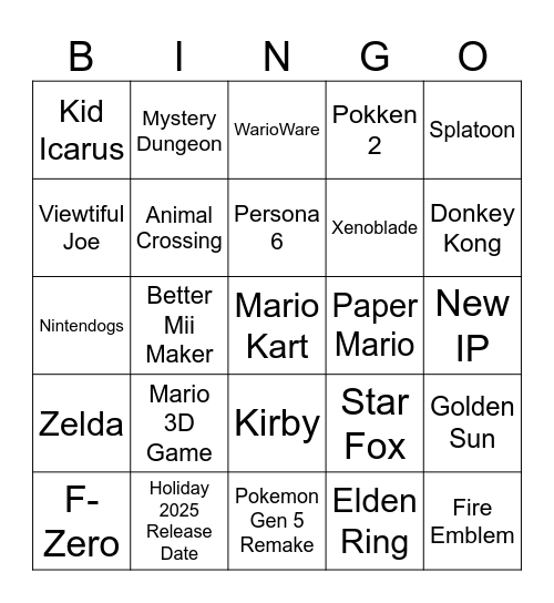 Nintendo Switch 2 Direct Bingo Card