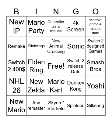 Nintendo Switch 2 direct 2025 Bingo Card