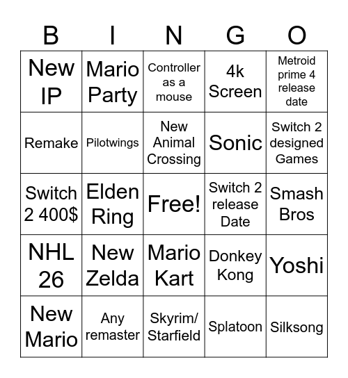 Nintendo Switch 2 direct 2025 Bingo Card