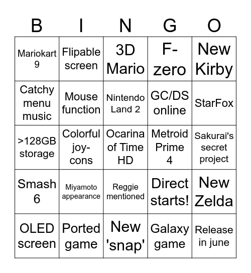 Nintendo Switch 2 Direct Bingo Card