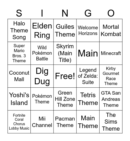 SINGO! Video Game Edition Bingo Card