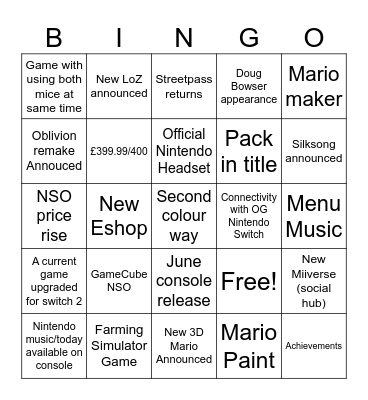 Nintendo Switch 2 Bingo Card
