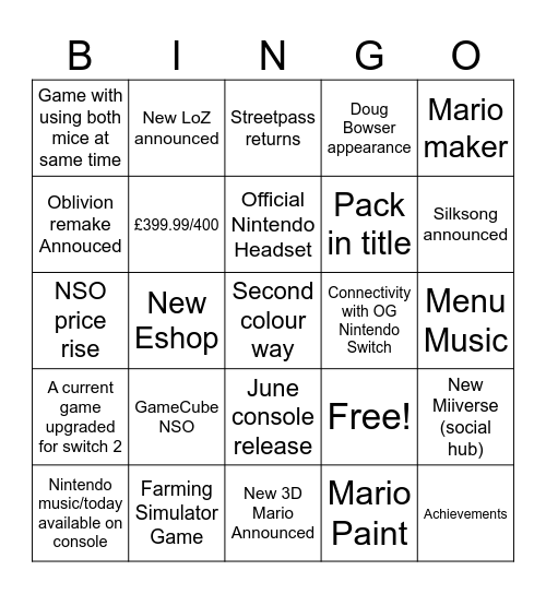 Nintendo Switch 2 Bingo Card